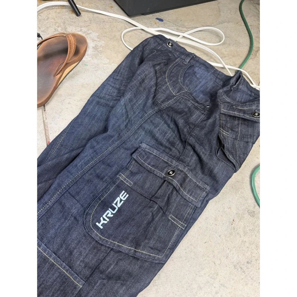 Kruze Denim Vintage Y2K Raw Blue Cargo Jeans Mens 36x34 European Style Baggy